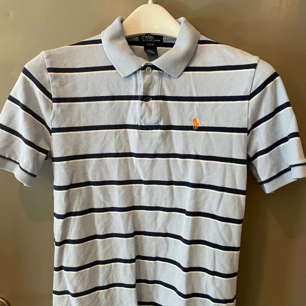 Polo Ralph Lauren Boys Light Blue Navy Striped Polo Shirt L 14-16 Orange Pony